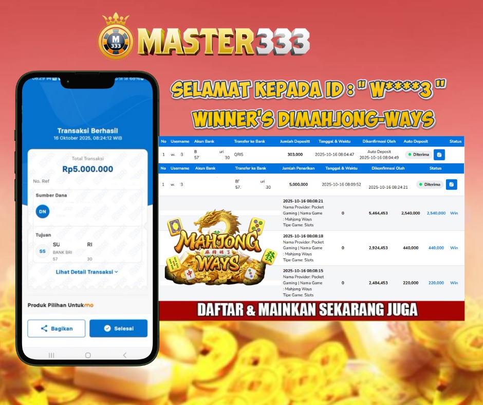 MASTER333 JACKPOT SLOT MahjongWays Rp.5,000,000.,- LUNAS